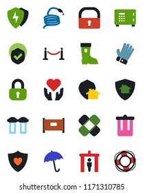 Color and black flat icon set - fence vector, security gate, umbrella, trash bin, safe, glove, boot, hose, patch, heart shield, hand, protect, lock, water filter, home, crisis management