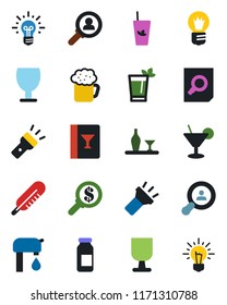 Color and black flat icon set - document search vector, bulb, thermometer, ampoule, fragile, torch, water supply, client, alcohol, wine card, cocktail, phyto bar, beer, consumer, money, idea