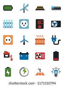 Color and black flat icon set - low battery vector, charge, heater, air conditioner, home control, socket, power plug, water, radiator, warm floor, windmill, idea