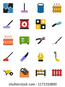 Color and black flat icon set - safe vector, rake, wheelbarrow, pruner, hoe, garden knife, scalpel, oil barrel, rack, application, paper clip, ink pen, heater, ladle, radiator