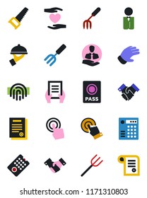 Color and black flat icon set - passport vector, handshake, document, garden fork, farm, glove, saw, heart hand, client, touch screen, fingerprint id, contract, waiter, remote control