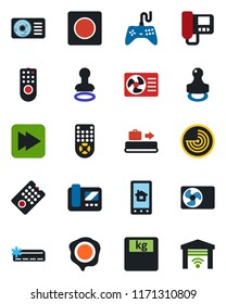 Color and black flat icon set - baggage conveyor vector, stamp, radar, scales, gamepad, remote control, fast forward, record, air conditioner, intercome, home app, garage gate