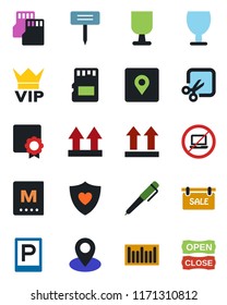 Color and black flat icon set - parking vector, no laptop, vip, plant label, heart shield, pin, fragile, up side sign, barcode, sd, cut, place tag, sertificate, pen, sale, menu, open close