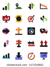 Color and black flat icon set - signpost vector, right arrow, growth statistic, route, navigation, up side sign, sorting, data exchange, download, compass, update, moving, target, clock, crisis