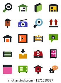 Color and black flat icon set - safe vector, checkroom, bird house, doctor case, container, up side sign, warehouse, package, search cargo, rack, radio, blank box, archive, home message