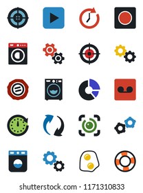 Color and black flat icon set - gear vector, circle chart, stamp, play button, update, record, eye id, target, washer, omelette, clock, crisis management