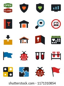 Color and black flat icon set - no laptop vector, statistic monitor, lady bug, blood test vial, heart shield, medical calendar, warehouse, package, search cargo, application, wine card, open close