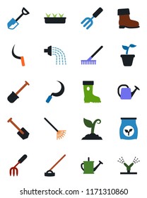 Color and black flat icon set - job vector, garden fork, shovel, rake, seedling, watering can, sproute, boot, hoe, sickle, fertilizer, irrigation