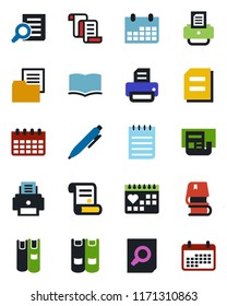 Color and black flat icon set - contract vector, book, document search, pen, notepad, calendar, printer, medical, folder, news