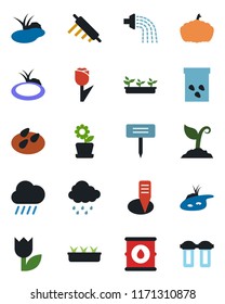 Color and black flat icon set - watering vector, sproute, seedling, rain, plant label, pumpkin, seeds, pond, tulip, oil barrel, flower in pot, rolling pin, water filter