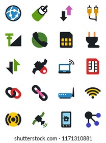 Color and black flat icon set - wireless notebook vector, satellite, chain, rca, call, sim, network, data exchange, cellular signal, power plug, router, home control app, social media