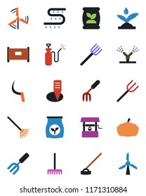 Color and black flat icon set - fence vector, garden fork, farm, rake, well, hoe, sickle, plant label, pumpkin, sprayer, fertilizer, drip irrigation, windmill