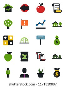 Color and black flat icon set - left arrow vector, manager, contract, seedling, plant label, greenhouse, fertilizer, important flag, application, point graph, house with tree, fruit, estate agent