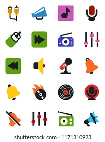 Color and black flat icon set - vinyl vector, flame disk, microphone, radio, loudspeaker, settings, fast forward, rewind, rca, tuning, bell, mute, music, sound, advertising