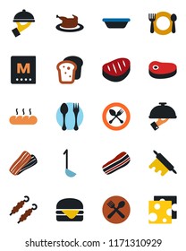 Color and black flat icon set - spoon and fork vector, cafe, menu, bacon, waiter, bread, chicken, steak, kebab, hamburger, ladle, bowl, rolling pin, cheese