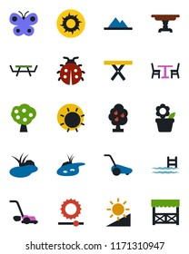 Color and black flat icon set - cafe vector, flower in pot, lawn mower, butterfly, lady bug, sun, pond, picnic table, brightness, pool, fruit tree, mountains, alcove