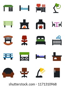 Color and black flat icon set - cafe vector, bed, office chair, desk, bench, fireplace, lamp, bedroom, children room, cushioned furniture, alcove, fridge