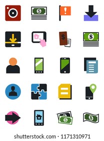 Color and black flat icon set - right arrow vector, document, important flag, cash, mobile tracking, cell phone, camera, user, download, application, restaurant receipt, home control app