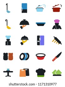 Color and black flat icon set - fridge vector, cook, restaurant table, hat, plates, waiter, salt and pepper, ladle, bowl, rolling pin, cutting board, knife, steaming pan, serviette