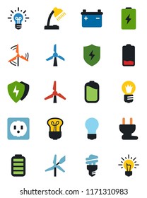 Color and black flat icon set - bulb vector, battery, low, protect, desk lamp, windmill, socket, power plug, energy saving, idea