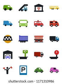 Color and black flat icon set - dispatcher vector, taxi, airport bus, parking, ladder car, ambulance, railroad, truck trailer, delivery, heavy scales, garage, gate control