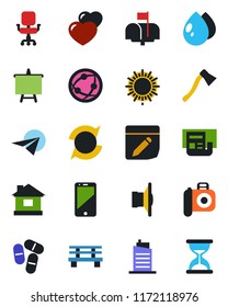 Color and black flat icon set - sun vector, presentation board, house, water drop, axe, bench, pills, camera, speaker, network, cell phone, heart, notes, update, news, office chair, city, mailbox