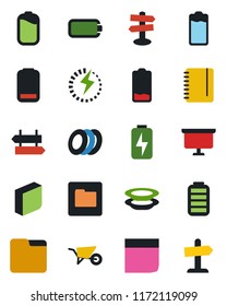 Color and black flat icon set - signpost vector, notepad, presentation board, wheelbarrow, battery, low, folder, charge, blank box, plates, guidepost