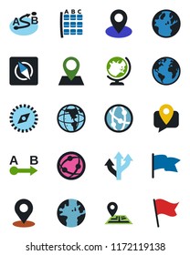 Color and black flat icon set - globe vector, seat map, route, navigation, earth, pin, mobile tracking, network, place tag, compass, flag