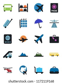 Color and black flat icon set - plane vector, runway, suitcase, baggage trolley, airport bus, umbrella, passport, ladder car, helicopter, seat map, luggage storage, globe, mountains, case