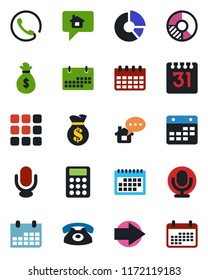 Color and black flat icon set - right arrow vector, calendar, circle chart, microphone, menu, calculator, phone, home message, money bag