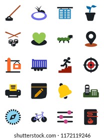 Color and black flat icon set - flight table vector, seedling, hoe, caterpillar, pond, heart, bike, truck trailer, tuning, bell, notes, place tag, compass, office phone, target, printer, crane
