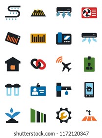 Color and black flat icon set - plane radar vector, identity card, drip irrigation, sorting, barcode, chain, root setup, air conditioner, smart home, intercome, control app, water filter, warm floor