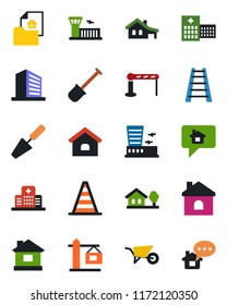 Color and black flat icon set - barrier vector, border cone, airport building, office, trowel, shovel, ladder, wheelbarrow, house, hospital, with garage, tree, estate document, crane, home message