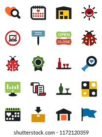 Color and black flat icon set - no laptop vector, contract, statistic monitor, lady bug, plant label, heart diagnostic, medical calendar, warehouse, package, application, sertificate, alcohol, flag