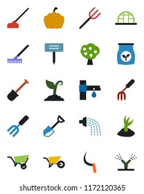 Color and black flat icon set - garden fork vector, shovel, farm, rake, wheelbarrow, watering, sproute, hoe, sickle, plant label, pumpkin, greenhouse, fertilizer, drip irrigation, fruit tree