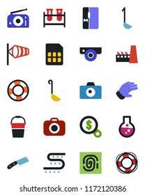 Color and black flat icon set - camera vector, wind, bucket, glove, drip irrigation, blood test vial, radio, sim, fridge, factory, ladle, knife, web, fingerprint, money search, flask