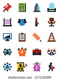 Color and black flat icon set - alarm clock vector, border cone, hierarchy, group, clipboard, case, company, monitor statistics, drawing pin, office building, hr, abacus, chair, tie, paper tray