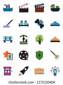 Color and black flat icon set - fence vector, rake, tree, well, bench, broken bone, clapboard, reel, favorites list, protect, pool, reception, salad, salt and pepper, rocket, idea