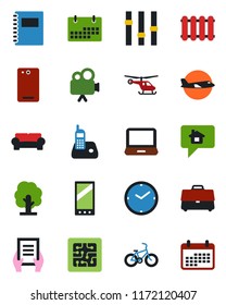 Color and black flat icon set - plane vector, helicopter, document, tree, bike, settings, video camera, laptop pc, radio phone, mobile, back, calendar, case, copybook, clock, cushioned furniture