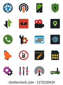 Color and black flat icon set - phone vector, no mobile, antenna, cell, protect, settings, tuning, bell, record, sim, network, notes, data exchange, place tag, fingerprint id, video, root setup