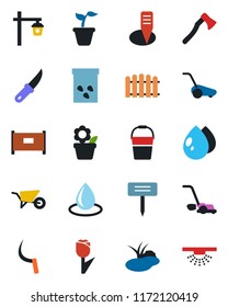 Color and black flat icon set - fence vector, flower in pot, seedling, wheelbarrow, bucket, lawn mower, water drop, sickle, garden knife, axe, plant label, light, seeds, pond, tulip, sprinkler