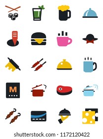 Color and black flat icon set - coffee vector, plant label, dish, menu, phyto bar, beer, waiter, dress code, credit card, steak, kebab, hamburger, rolling pin, steaming pan, sushi, cheese