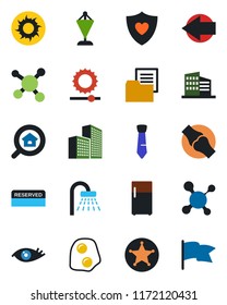 Color and black flat icon set - shower vector, left arrow, pennant, sun, molecule, heart shield, eye, joint, folder document, brightness, office building, tie, estate search, reserved, omelette