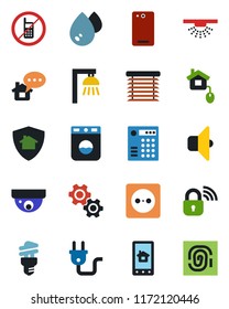Color and black flat icon set - no mobile vector, phone back, home control, socket, power plug, wireless lock, app, gear, water, washer, energy saving bulb, outdoor lamp, sound, jalousie, protect