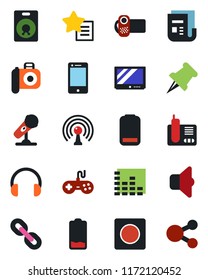 Color and black flat icon set - camera vector, microphone, antenna, news, gamepad, equalizer, tv, video, cell phone, headphones, radio, chain, speaker, favorites list, paper pin, low battery, record