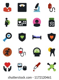 Color and black flat icon set - bed vector, blood pressure, dropper, heart diagnostic, microscope, scales, pills bottle, tomography, run, shield, hand, caries, medical calendar, doctor, patient