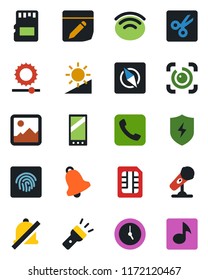 Color and black flat icon set - microphone vector, mobile, call, gallery, protect, clock, bell, sd, sim, notes, wireless, torch, mute, brightness, cut, compass, eye id, fingerprint, music