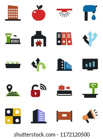 Color and black flat icon set - fence vector, baggage conveyor, airport building, office, statistic monitor, seedling, route, navigation, heavy scales, application, paper binder, water supply
