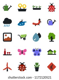 Color and black flat icon set - flower in pot vector, tree, watering can, wheelbarrow, butterfly, lady bug, seedling, rain, caterpillar, gallery, house with, pond, windmill, alcohol, water