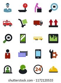 Color and black flat icon set - airport bus vector, 24 around, baby room, reception, ambulance car, doctor, support, cargo container, delivery, up side sign, heavy scales, search, cell phone, mobile